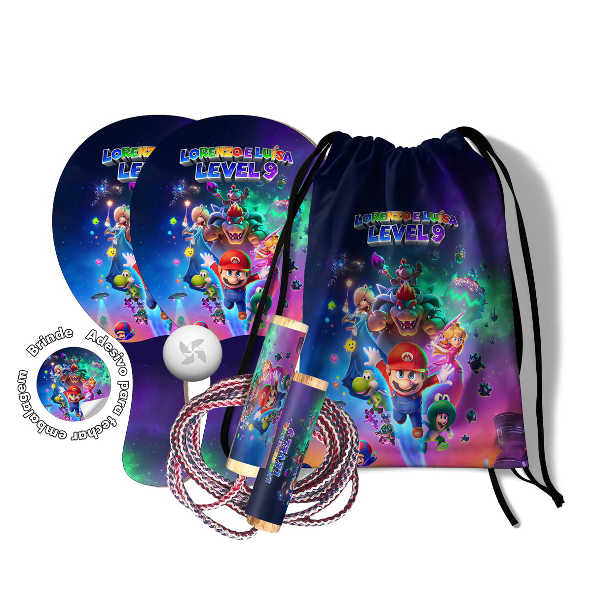 Kit lembrancinha anivrsário infantil Mochilinha Raquetes e Pula Corda personalizado  - Super Mario Galaxy 