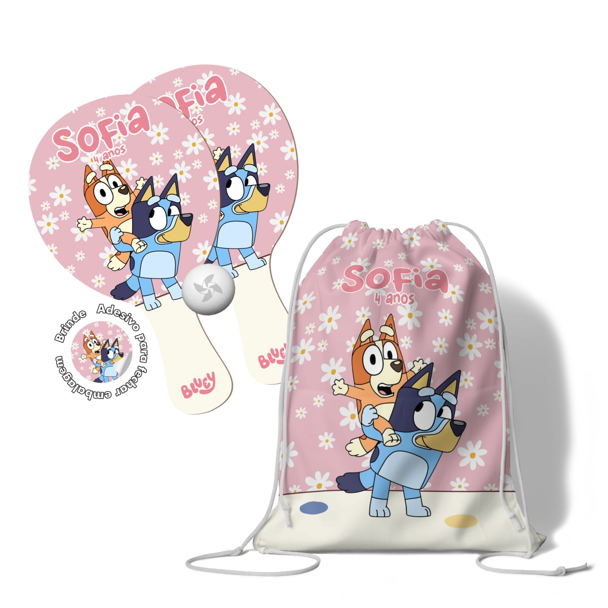 Kit Mochilinha e Raquetes Ping Pong  - lembrancinha Bluey e pingo