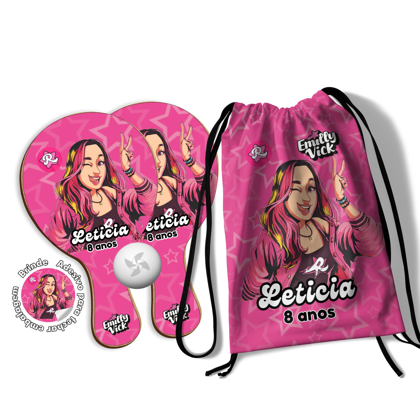 Kit Mochilinha e Raquetes Ping Pong  - Lembrancinha festa aniversario dos rosa Emilly Vick 