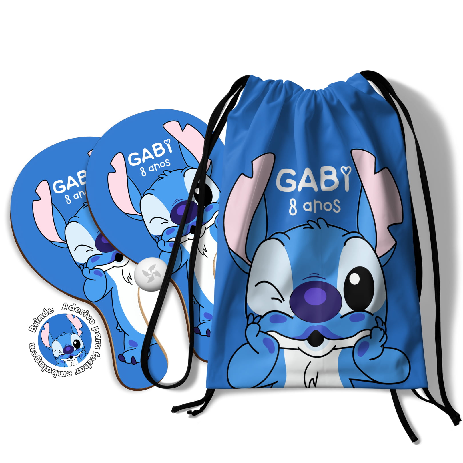 Kit Mochilinha e Raquetes Ping Pong  - Lembrancinha festa aniversario Stitch 