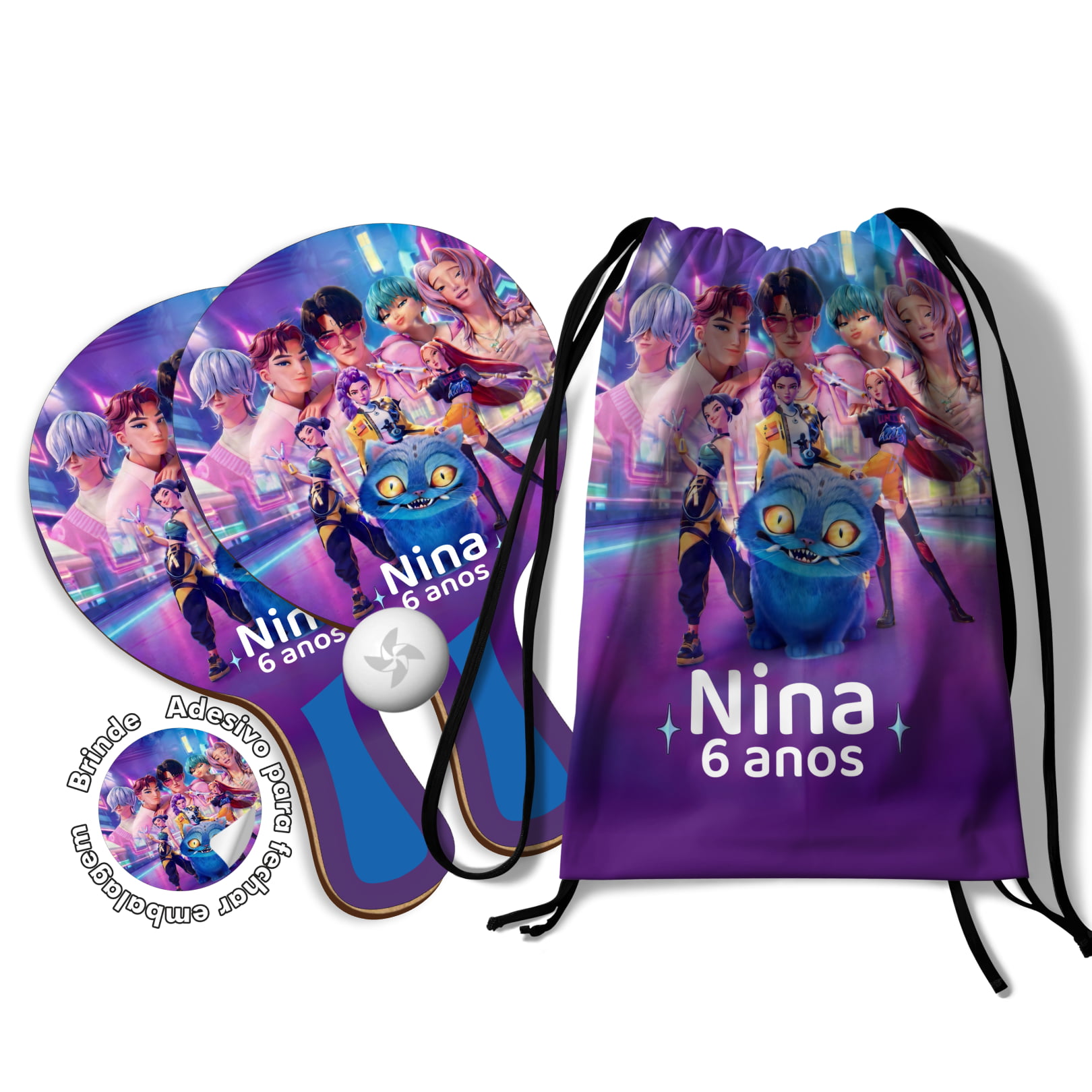 Kit Mochilinha e Raquetes Ping Pong  - lembrancinha Lembrancinhas Guerreiras do K-Pop / Huntrix 
