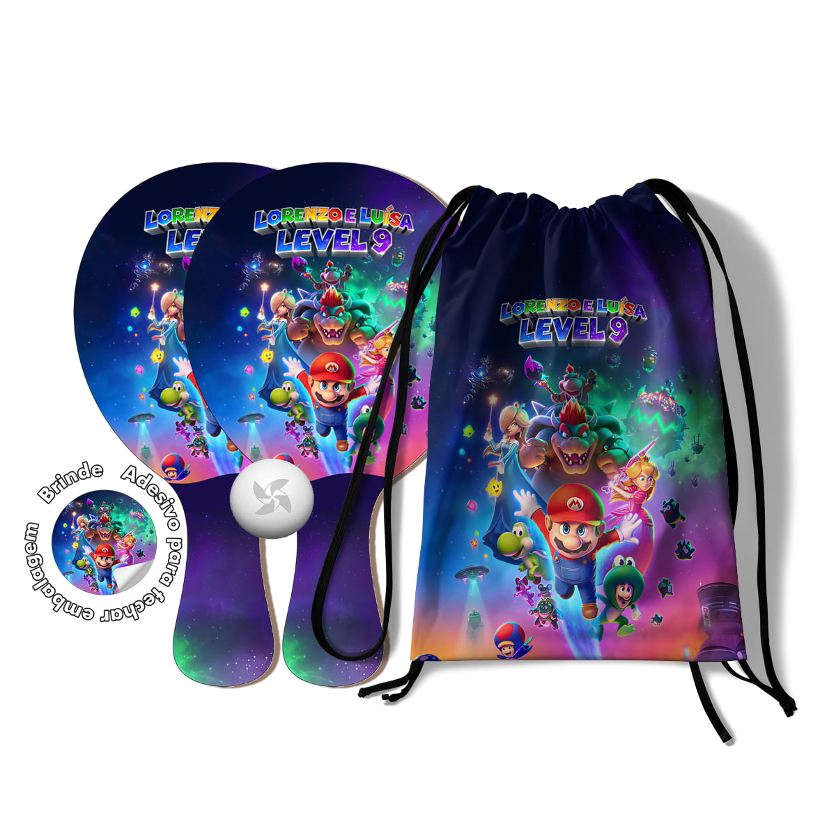 Kit Mochilinha e Raquetes Ping Pong  - Lembrancinha Super Mario Galaxy 