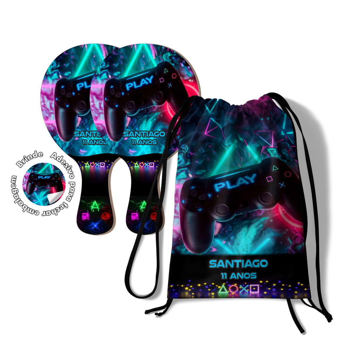 Lembrancinha tema game Kit mochilinha saco e Raquete de Ping Pong Personalizada