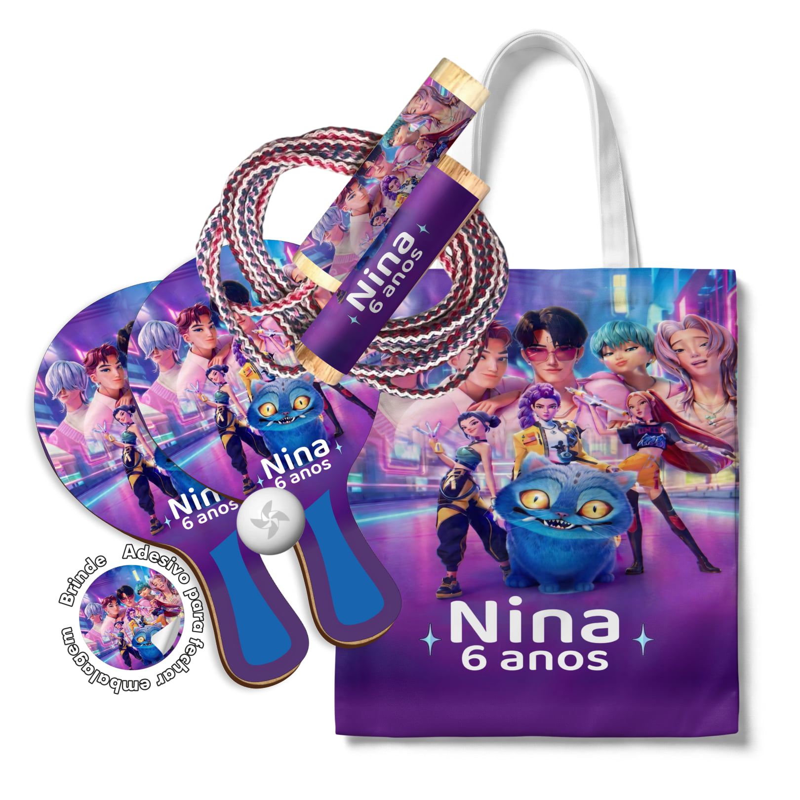 Kit Sacola com Raquetes e Pula Corda  - lembrancinha Guerreiras do K-Pop / Huntrix 