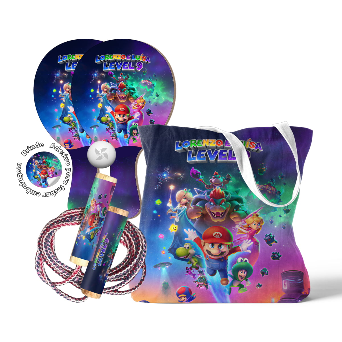Kit lembrancinha aniversário infantil sacola tecido com Raquetes e Pula Corda  - Super Mario Galaxy Lembrancinha 