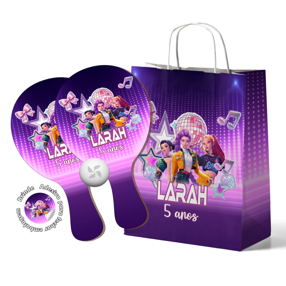 Kit Sacola de Papel e Raquete - Guerreiras do K-Pop