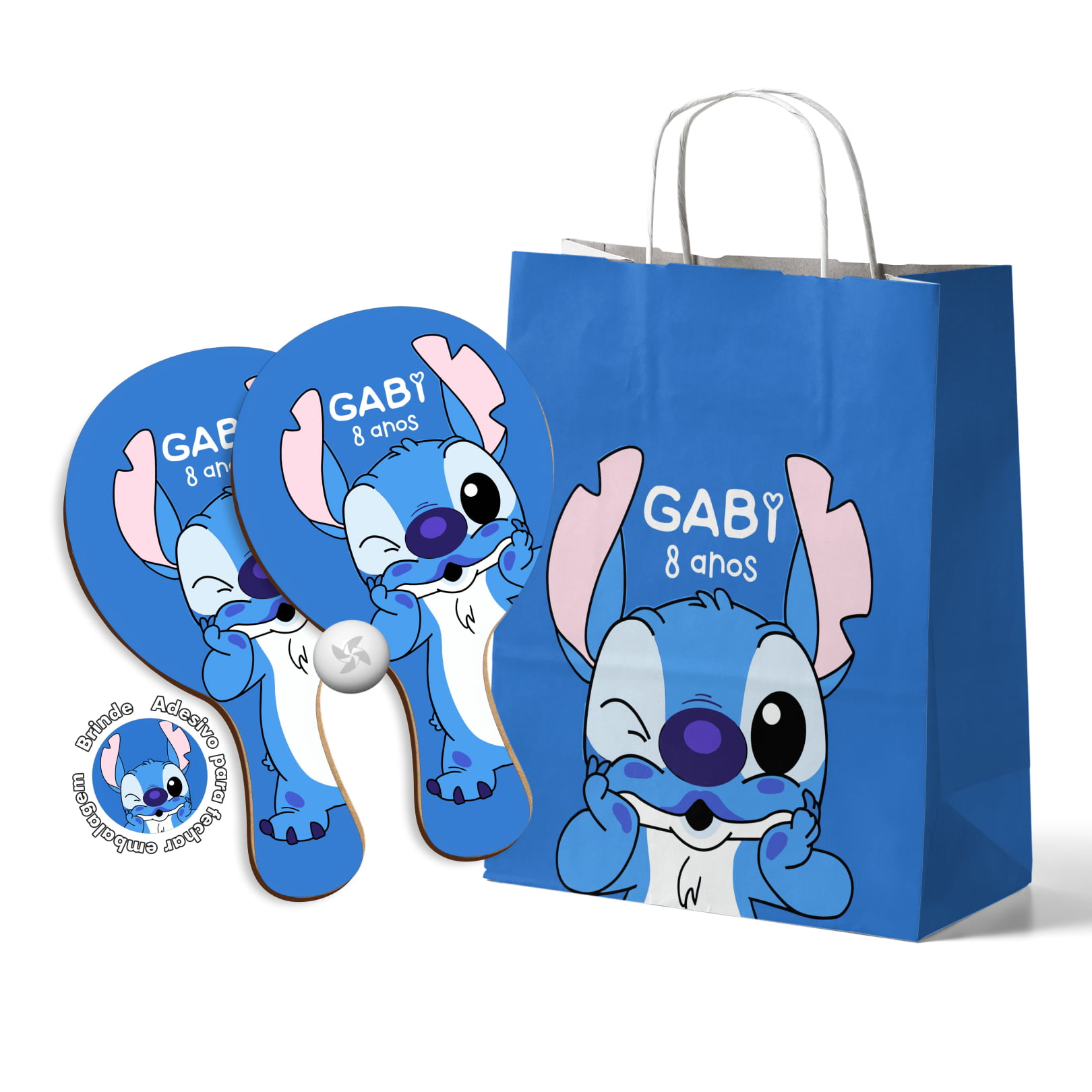 Kit Sacola de papel e Raquete de Ping Pong Personalizada - Lembrancinha festa aniversario Stitch 