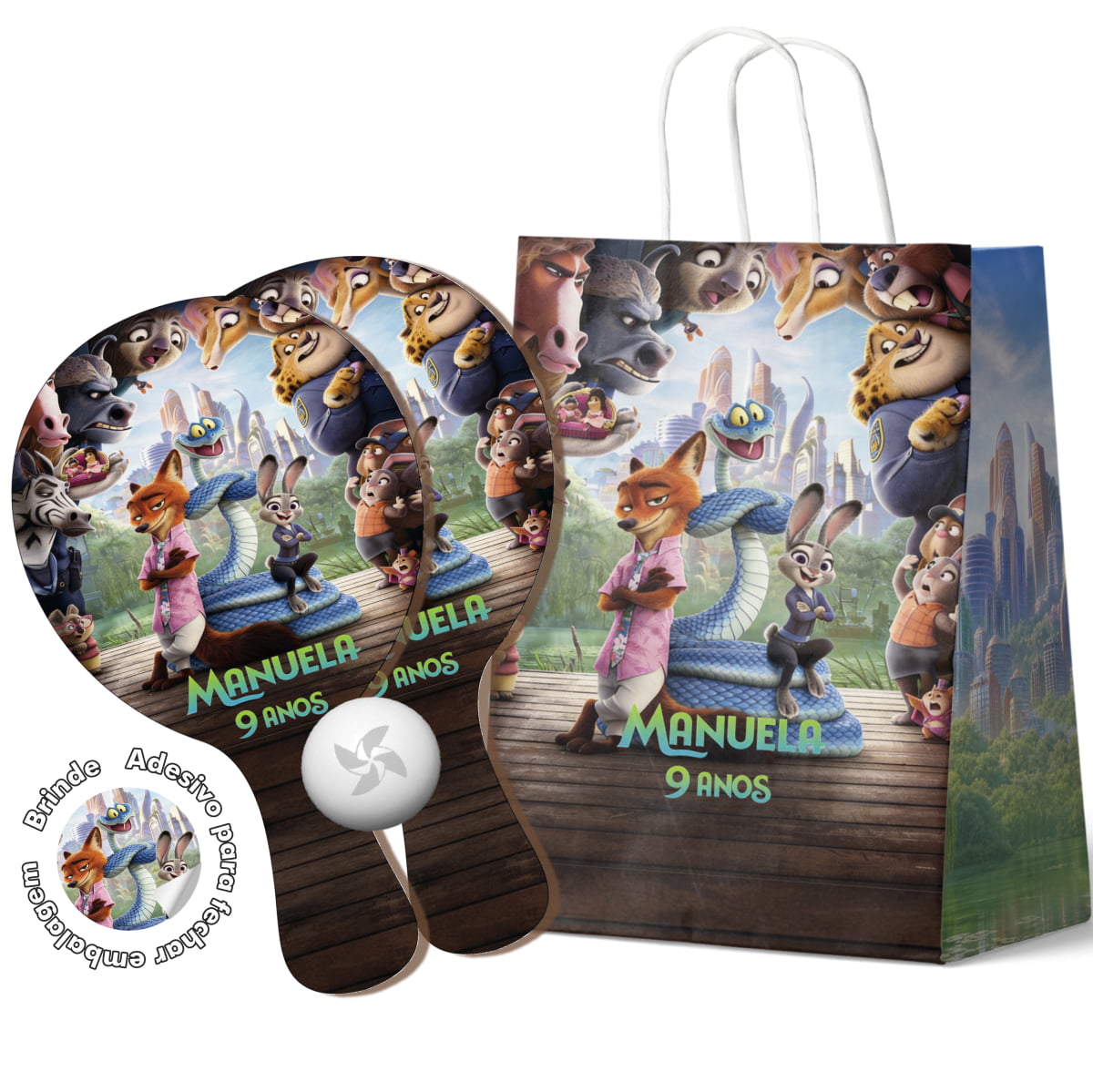 Kit Sacola de papel e Raquete de Ping Pong Personalizada - Lembrancinha festa zootopia 
