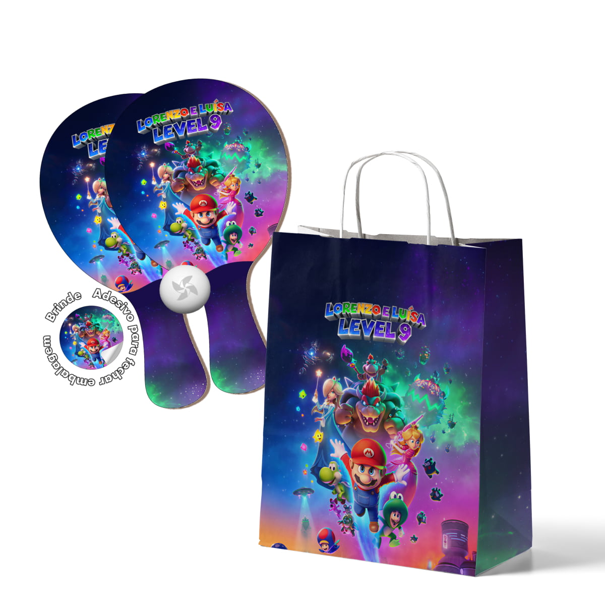 Kit Sacola de papel e Raquete de Ping Pong Personalizada - Lembrancinha Super Mario Galaxy 