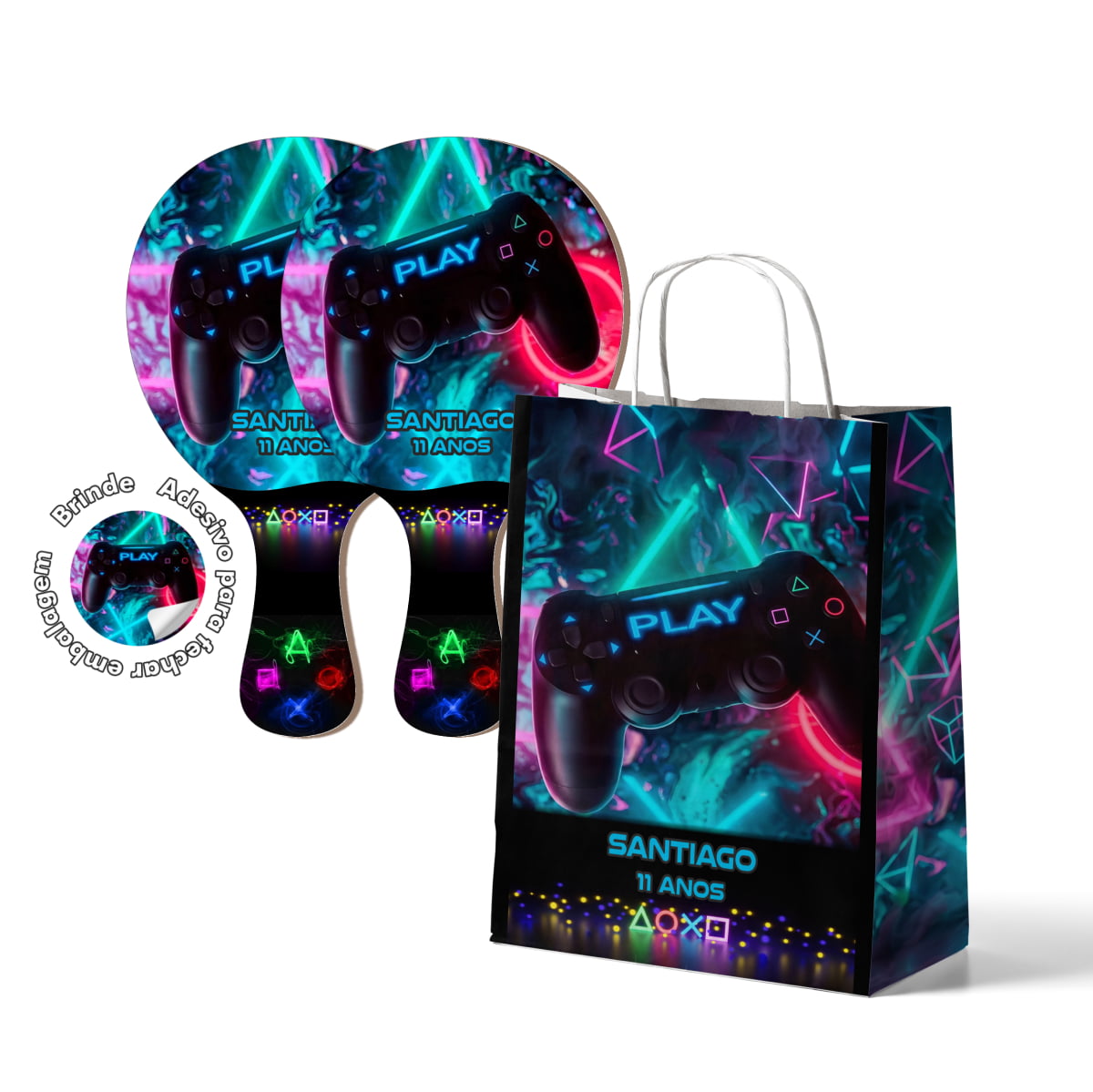 Kit Sacola de Papel e Raquete de Ping Pong Personalizada Lembrancinha tema game