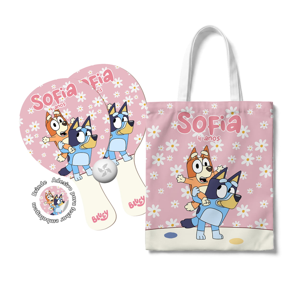 Kit Sacola Oxford e Raquete Ping Pong - lembrancinha Bluey e pingo
