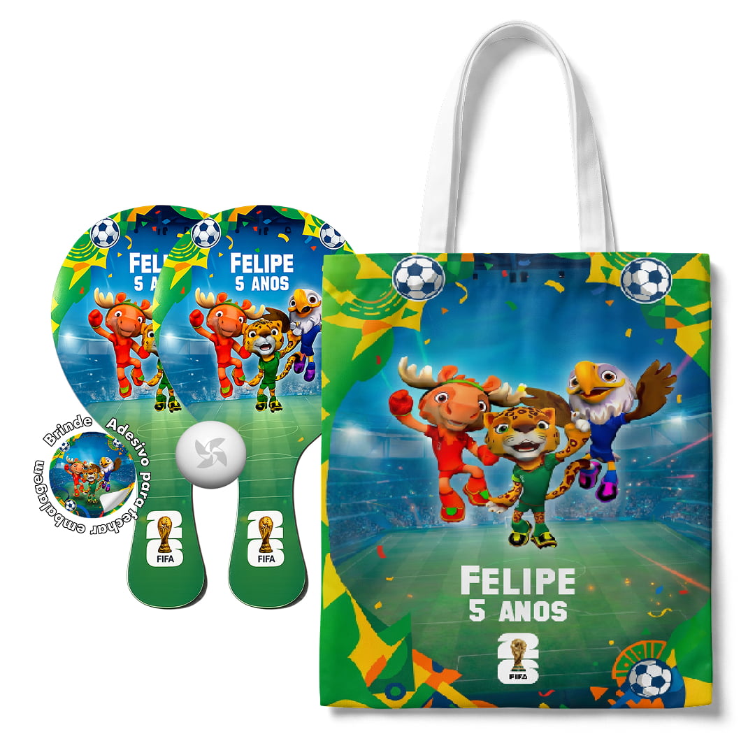 Kit Sacola Oxford e Raquete Ping Pong - lembrancinha Copa do Mundo 2026 