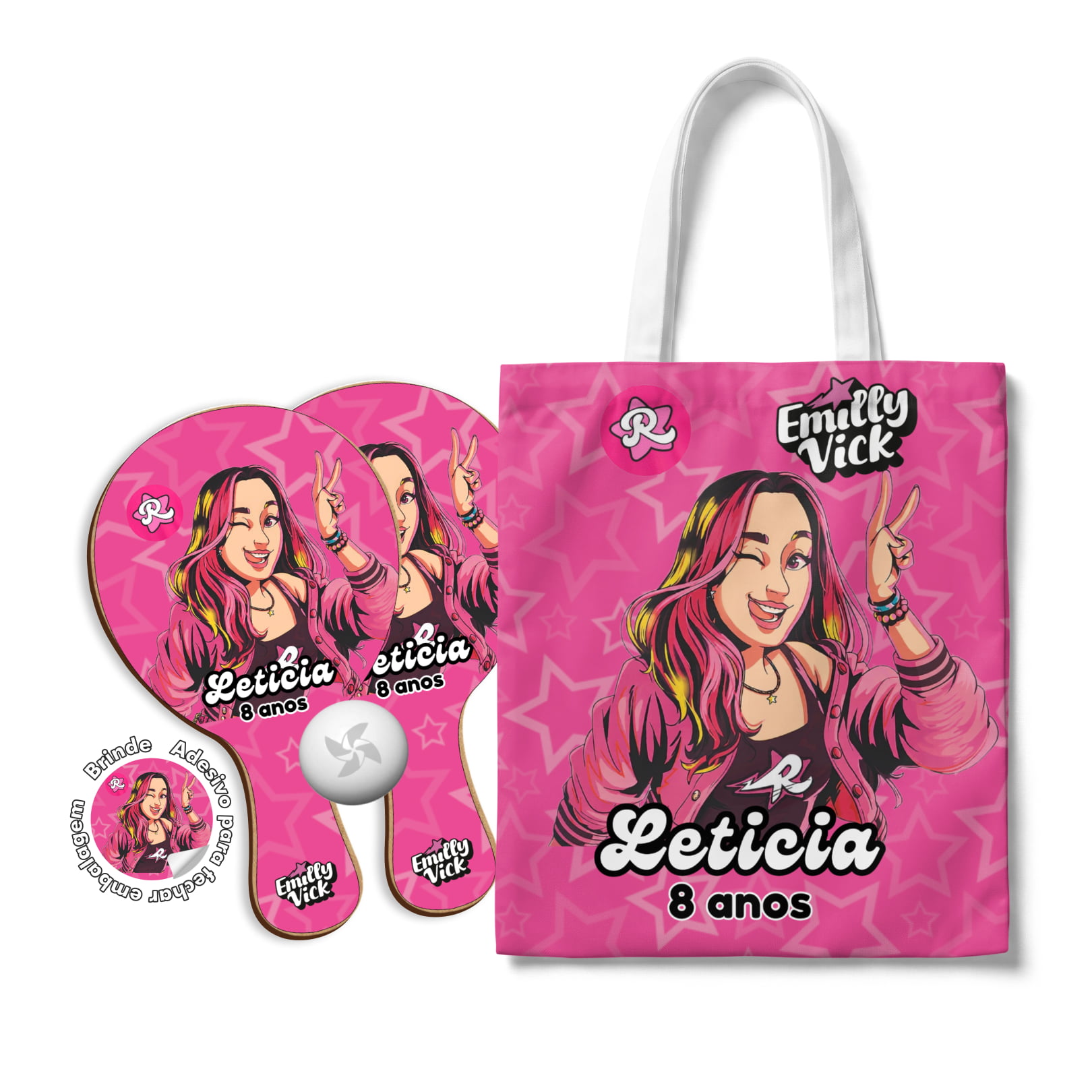Kit Sacola Oxford e Raquete Ping Pong - Lembrancinha festa aniversario dos rosa Emilly Vick