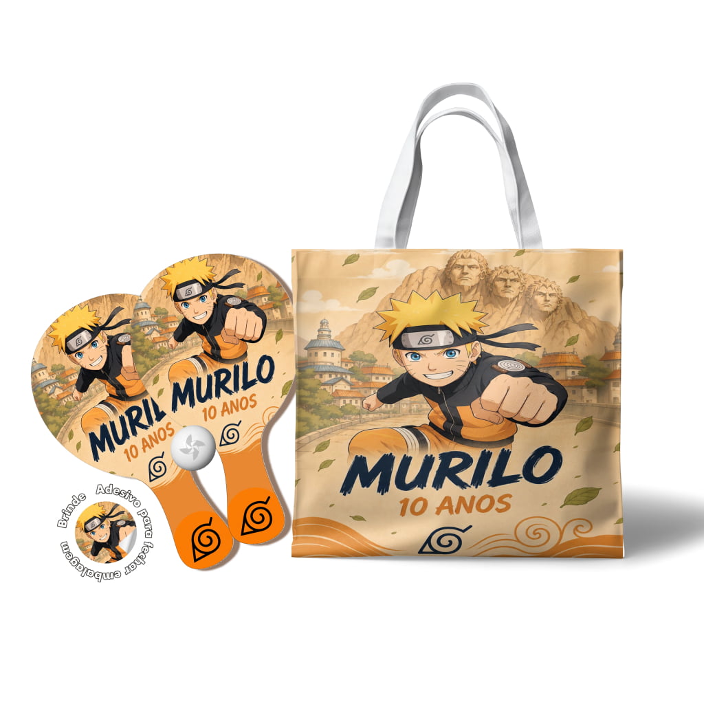 Kit Sacola Oxford e Raquete Ping Pong - Lembrancinha festa naruto 