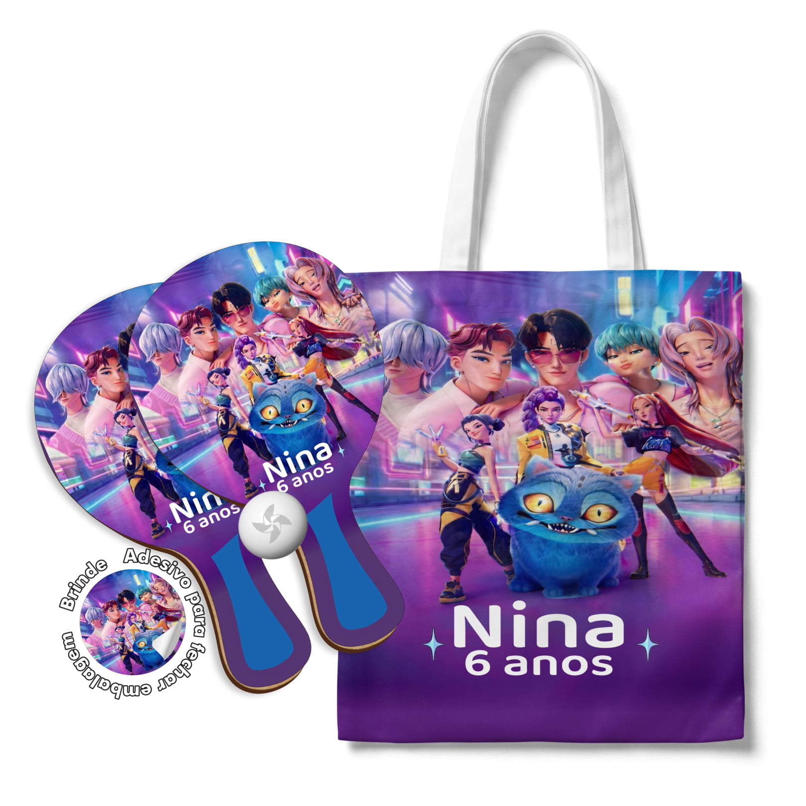 Kit Sacola Oxford e Raquete Ping Pong - lembrancinha Lembrancinhas Guerreiras do K-Pop / Huntrix 