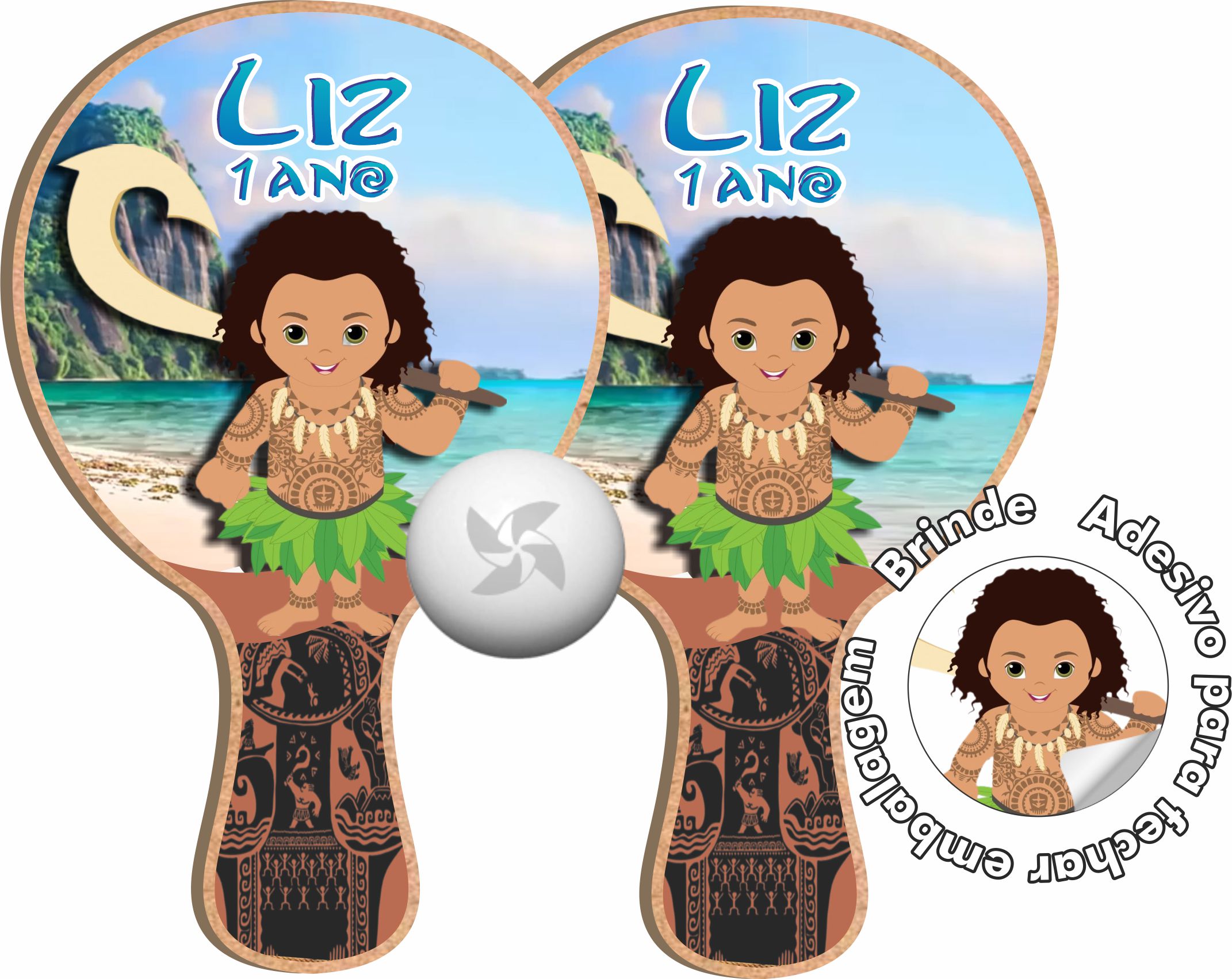 RAQUETE PERSONALIZADA TEMA MAUÍ MOANA - 10 PARES