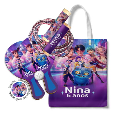 Kit Sacola com Raquetes e Pula Corda  - lembrancinha Guerreiras do K-Pop / Huntrix