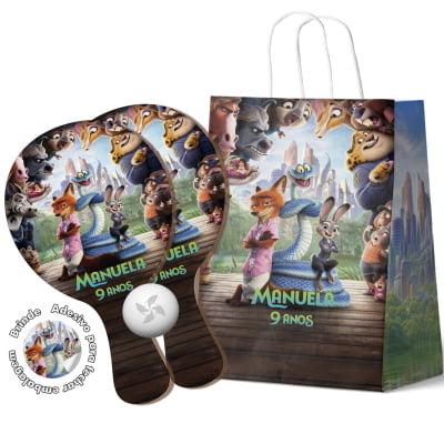Kit Sacola de papel e Raquete de Ping Pong Personalizada - Lembrancinha festa zootopia