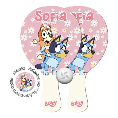 Kit Sacola de papel e Raquete de Ping Pong Personalizado - Lembrancinha Bluey e pingo