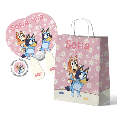 Kit Sacola de papel e Raquete de Ping Pong Personalizado - Lembrancinha Bluey e pingo Kit Sacola de papel e Raquete de Ping Pong Personalizado - Lembrancinha Bluey e pingo