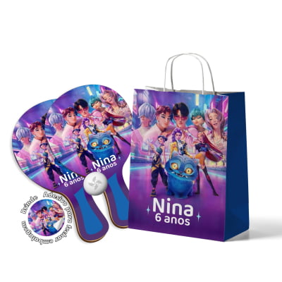 Kit Sacola de papel e Raquete de Ping Pong Personalizado - Lembrancinhas Guerreiras do K-Pop / Huntrix
