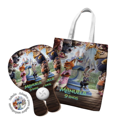 Kit Sacola Oxford e Raquete Ping Pong - Lembrancinha festa zootopia