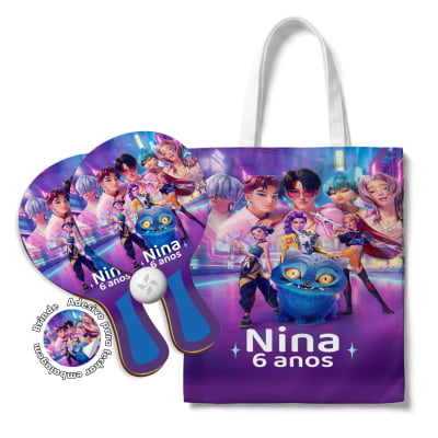 Kit Sacola Oxford e Raquete Ping Pong - lembrancinha Lembrancinhas Guerreiras do K-Pop / Huntrix
